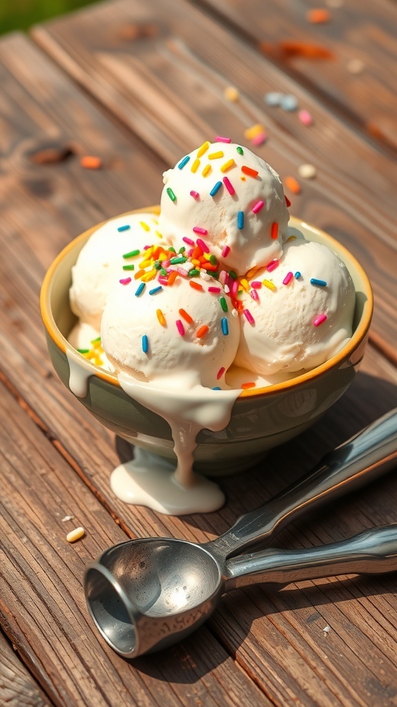 A bowl of vanilla ice cream with sprinkles on a wooden table.